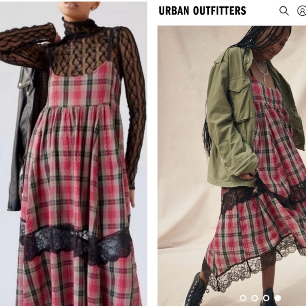 Urban Outfitters Baez Lace Inset Midi Dress Plaid and Lace XS